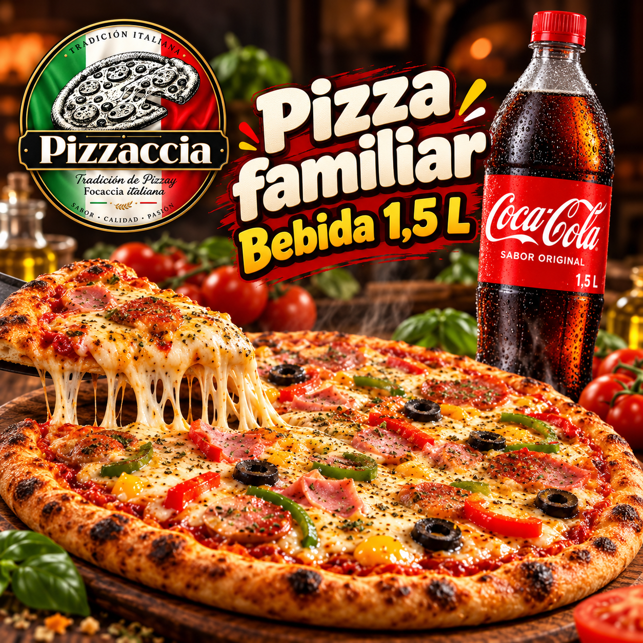 Pizza familiar Pizzaccia con Coca-Cola de 1,5 litros